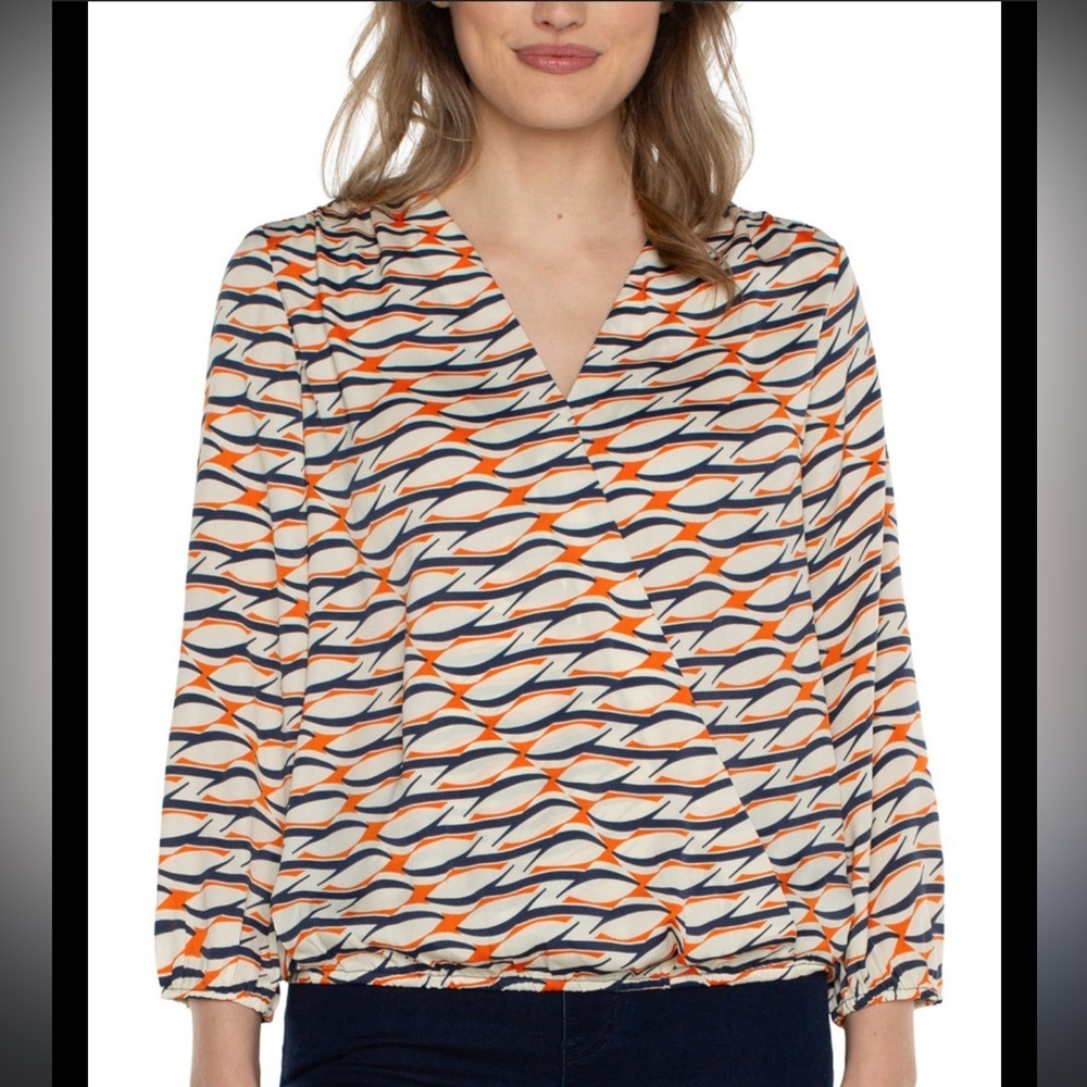 Liverpool Women's Wrap Blouse - Orange and Black Pattern sz Large L Lg - Picture 2 of 7